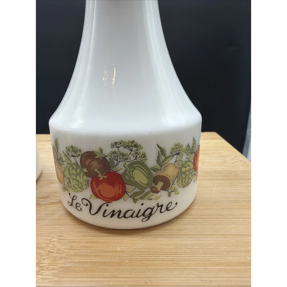 Vintage Gemco Corning Ware SPICE OF LIFE Vinegar  and Oil Cruets Milk Glass